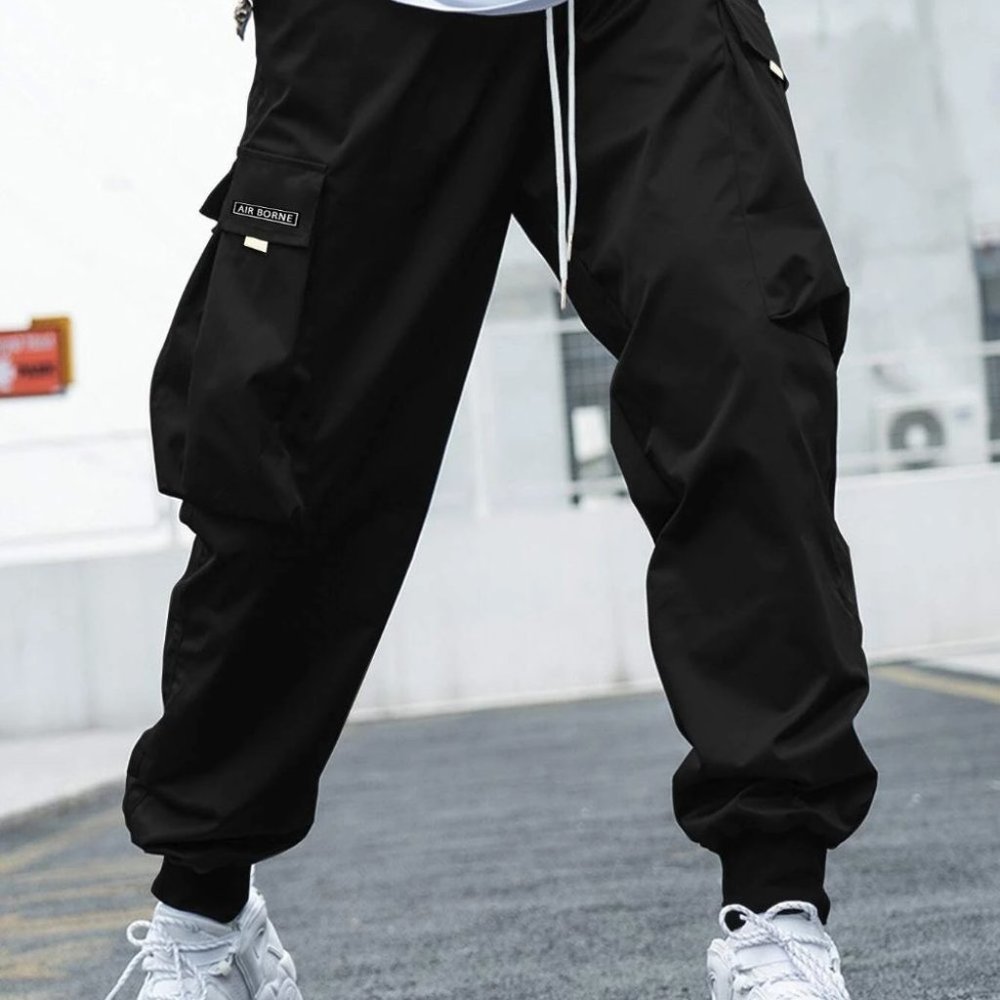 Black Street Style Men's Cargo Pants w/Letter Grap - Picture 3 of 6